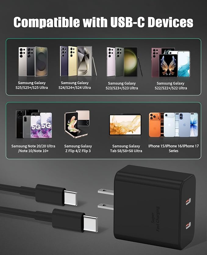 2Port 45W Super Fast Charger Type C for Samsung S25 Ultra/S24, PD3.0 USB C Android Phone Charger Fast Charging Block with 6FT/10FT Type C Cord for Samsung Galaxy S25+ Plus/S24+/S23/S22 Ultra/iPhone 16