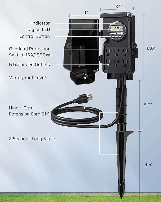 DEWENWILS Outdoor Digital Power Strip Timer, Outdoor Multi Socket Timer, Waterproof 6 Outlet Garden Power Stake, 6ft Cord, Outdoor Timer for Halloween/Christmas Lights, Yard, Garden, 15A Heavy Duty