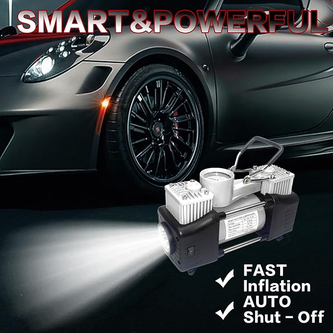 YUNGTEE Sliver Tire Inflator Heavy Duty Double Cylinders Direct Drive Inflation Pump,12V Portable Air Compressor Pump with Emergency LED Light - 150PSI Tire Pump,Apply to Car,Suv,RV