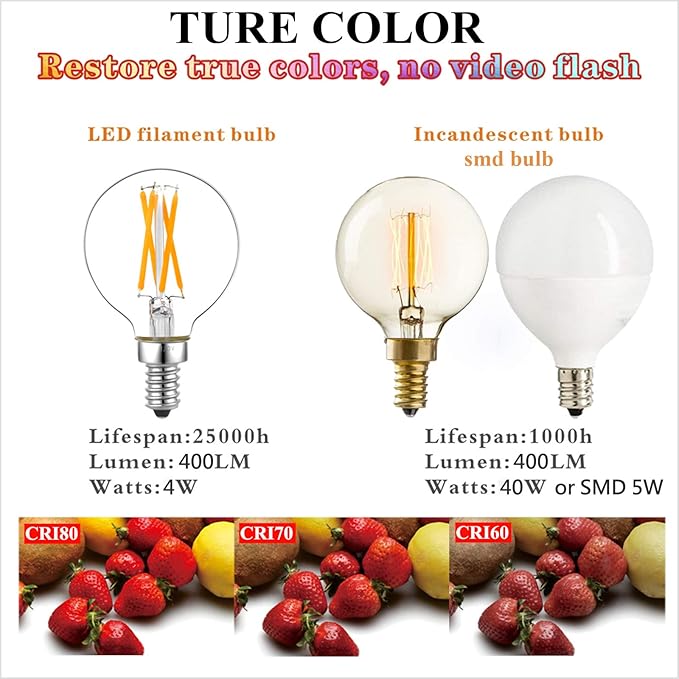 LiteHistory Dimmable g16.5 led Bulb e12 g16 1/2 led Candelabra Bulb 40w led Edison Bulb 2700K 400lm ac120v 4w g50 led Globe Bulb for Chandelier,Vanity and Ceiling Fan Light Bulbs 6Pack