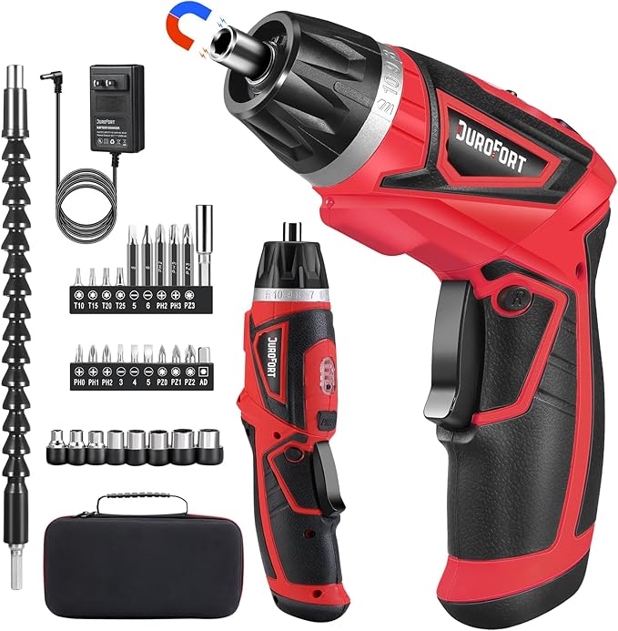 Cordless Electric Screwdriver Set, 8V 10Nm Rechargeable Power Electric Drill, Battery Screw Gun with Driver Bit, 320RPM/10+1 Torque, 2 Position Handle, Flexible Shaft LED Light (Red, 28Pcs)