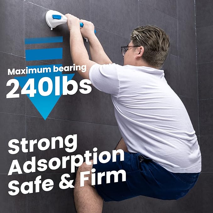 LEVERLOC Grab Bar for Seniors, 17 Inch 2 Pack Suction Grab Bars for Bathtubs and Showers, Shower Handles for Elderly Suction Bathroom Safety Grip,Removable Drill Free Waterproof, Blue