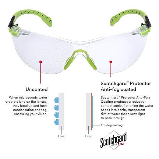 3M Safety Glasses, Solus 1000, S1201SGAF, ANSI Z87, Scotchgard Anti-Fog Lens, Green/Black Frame, Half-Frame, Padded Temple, Soft Nosebridge, UV Protection, Premium Eye Protection
