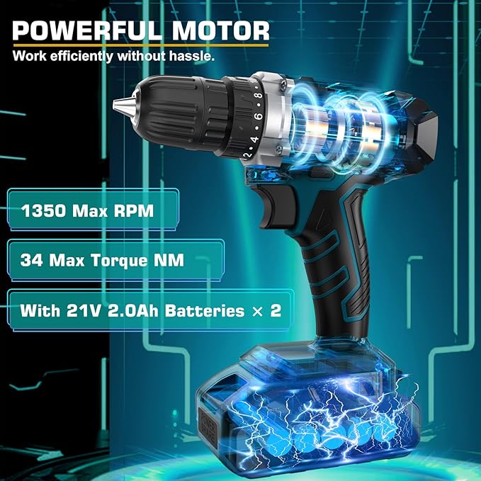 Tool Kit with 21V Cordless Drill - Sundpey 255-PCs Portable Complete General Basic Home and Auto Repair Tool Set with Drawer for Handyman & Diyer & Homeowner - Power Drill with 2 x 2.0Ah Batteries