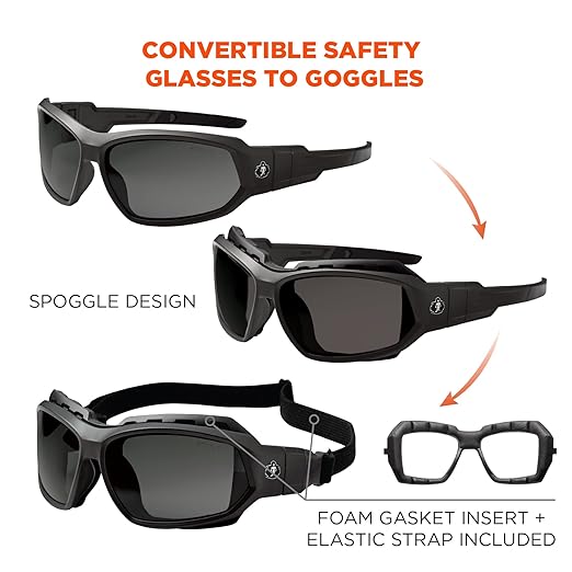 Ergodyne Skullerz Loki Convertible Anti Scratch Safety Spoggles Glasses-Includes Gasket and Strap to Convert to Goggle, Anti Fog