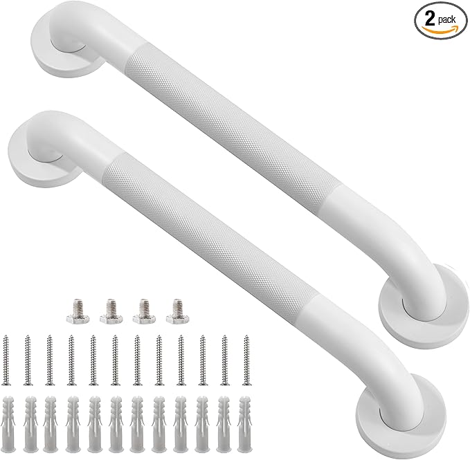 Shower Grab Bar, 2 Pack 16 Inch White Bathroom Grab Bar, 1.25" Diameter 304 Stainless Steel Anti-Slip Grab Bars for Bathtubs and Showers, Handicap Shower Grab Bar for Seniors Elderly