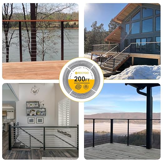 200FT 1/8" T316 Stainless Steel Cable with Cutter, 7x7 Strands Aircraft Wire Rope for Deck Railing, Stair Handrail, Porch Fence, High Strength for Indoor and Outdoor Use