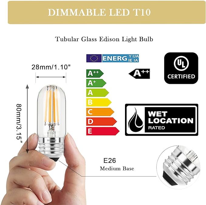 T10 Led Bulb 2700K 3.2 inches, e26 Led Bulb 60 watt Equivalent Dimmable, T25 Tubular Light Bulb, Edison Bulbs 6W e26 Medium Base Lightbulb UL Listed, Pack of 4