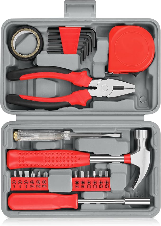 24 Piece Small Tool Kit for Men and Women, Mini Hand Tool Set with Storage Box for Home, DIY, Office, Garage(Red)