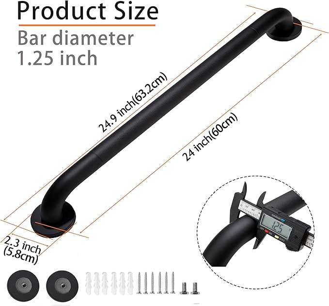 Shower Grab Bar, 2 Pack 24 Inch Black Bathroom Grab Bar, 1.25" Diameter 304 Stainless Steel Anti-Slip Grab Bars for Bathtubs and Showers, Handicap Shower Grab Bar for Seniors Elderly