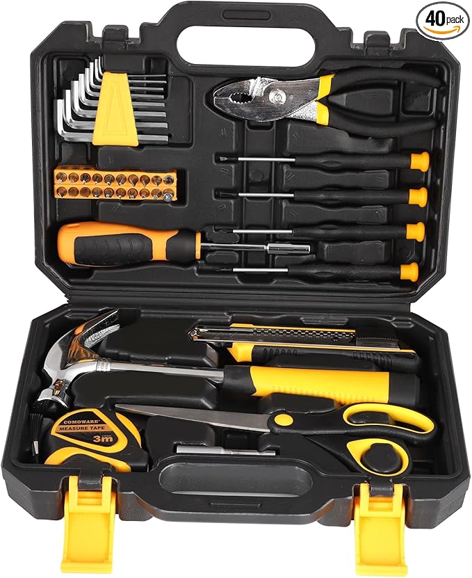 COMOWARE 40 Pcs Home Tool Kit - Basic Household Hand Tool Set, Truck Tool Kit Wrench Combination Tool Set for Home with Plastic Toolbox Storage Case, Rv tool set