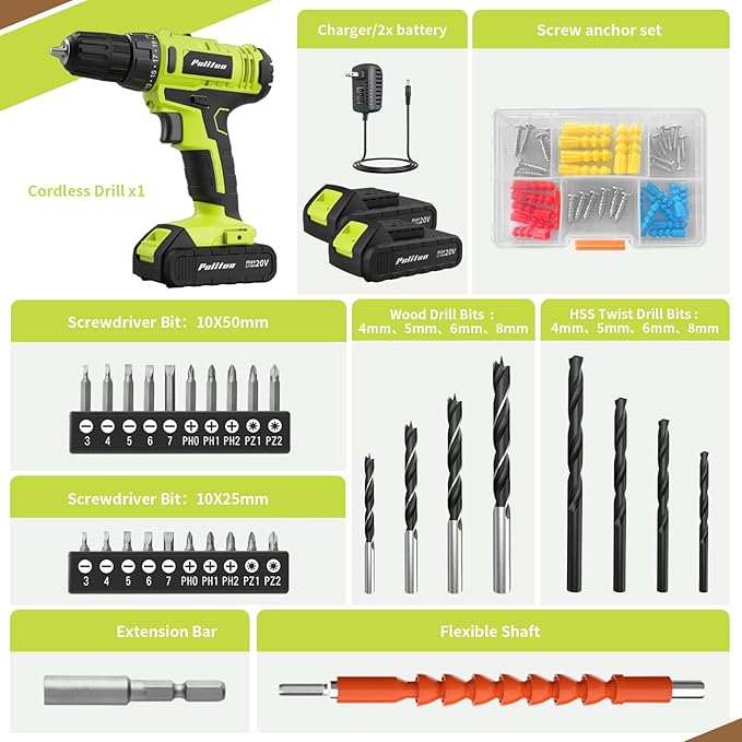 PULITUO'S 20V Cordless Drill/Driver, Electric Screwdriver - 2 Batteries, 30Nm, 21+1 Torque, 2 Speed, Keyless 3/8" Chase Drill with LED Light, Kit for Home (Green)