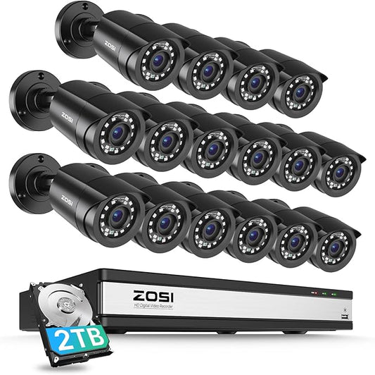 ZOSI 3K Lite 16Channel Security Camera System,AI Human/Vehicle Detection,Night Vision,Remote Access,16pcs 1080P Outdoor Surveillance Bullet Cam,H.265+ 1080p 16CH DVR with 2TB HDD for 24/7 Recording