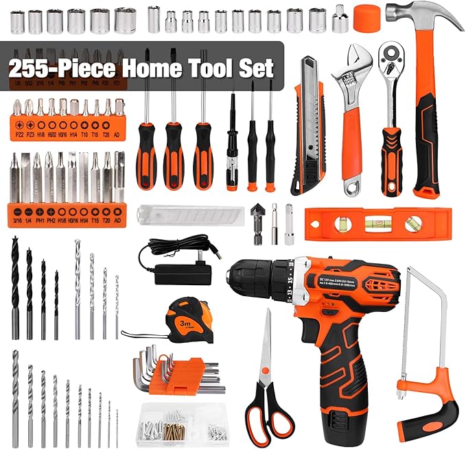 255-Piece Tool Set - Tool Kit with 12V Cordless Drill Driver, Toolbox Storage Case with Drawer, General Household Drill Set for DIY Projects, Home Repairs, Handyman