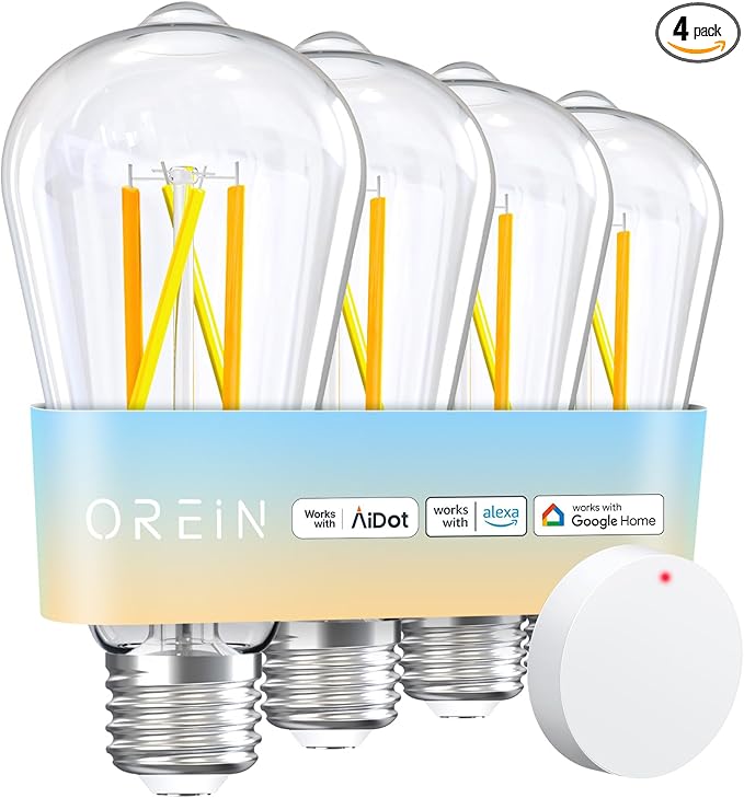 OREiN Smart Edison Light Bulbs with Smart Button, WiFi ST19(58) Vintage Light Bulbs E26 Base, 800lm Dimmable 2700K-6500K Tunable White, Smart Filament Bulb That Work with Alexa, 60W Equivalent, 4Pack