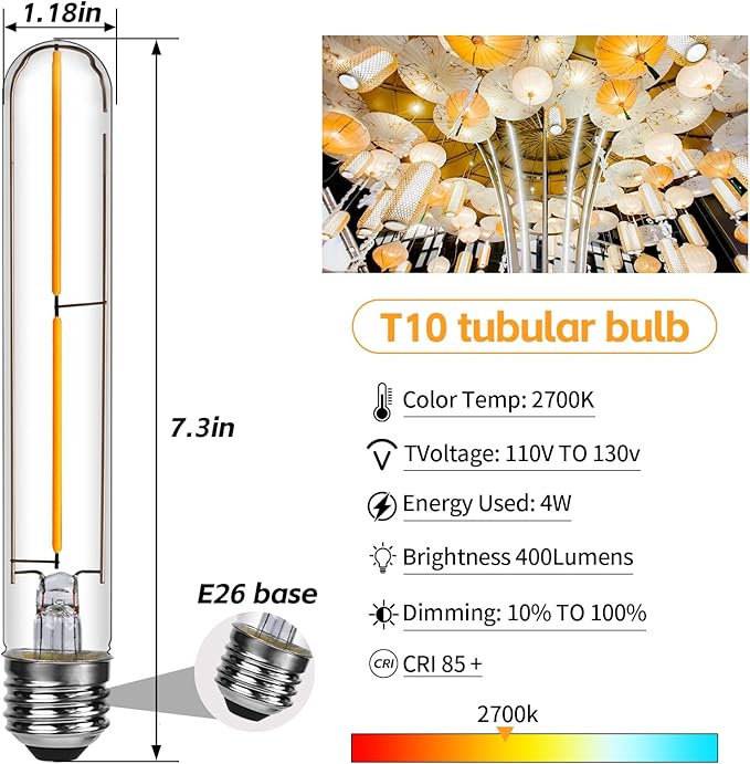 Long T10 LED Bulb, 7.3in Vintage Edison Dimmable Bulb 4W 2700K Warm White Tubular Bulbs, E26 Medium Base Amber 400LM 40W Equivalent for Cylinder Pendant Wall Sconces Chandelier Vanity 6Pack