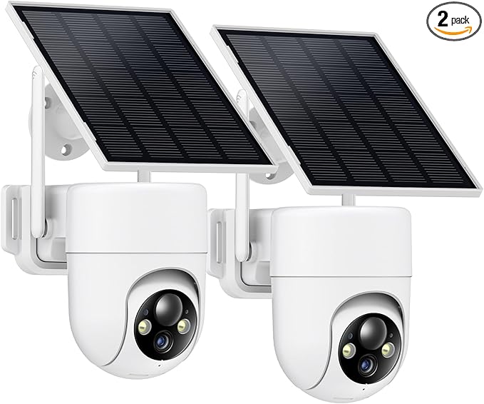 Solar Camera Outdoor Wireless, 2K Color Night Vision, Security Cameras Wireless Outdoor with 360°View, 4X Zoom, Battery Powered, 2.4GHz WiFi Solar Camera, PIR Alarm, IP65 Weatherproof, 2pack