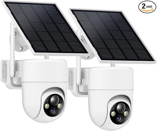 Solar Camera Outdoor Wireless, 2K Color Night Vision, Security Cameras Wireless Outdoor with 360°View, 4X Zoom, Battery Powered, 2.4GHz WiFi Solar Camera, PIR Alarm, IP65 Weatherproof, 2pack
