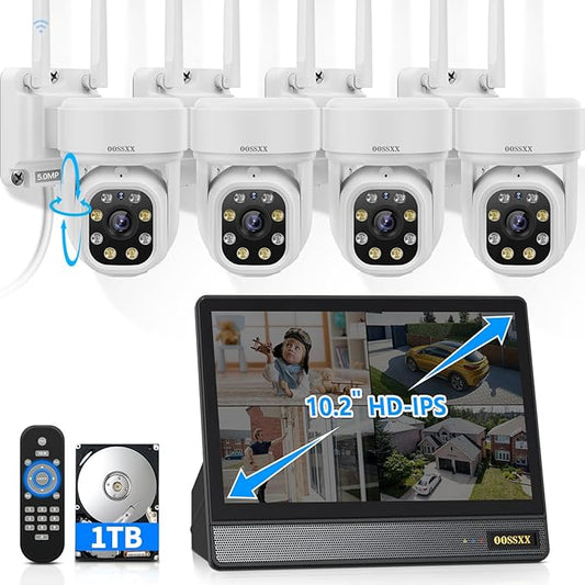 (10’’ UHD Monitor) 2-Way Audio 2-Antennas Enchance WiFi Wireless 5MP PIR Outdoor Camera Wireless Home Security Cameras System with Monitor Indoor Video Surveillance