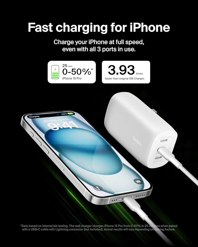Belkin 3-Port USB C Charger Block 67W - PPS USB-C PD3.1 PPS Super Fast Charging - Samsung Galaxy S25, Apple iPhone 16, MacBook Pro, AirPods, Nintendo Switch 2 & More - White, 2-Pack