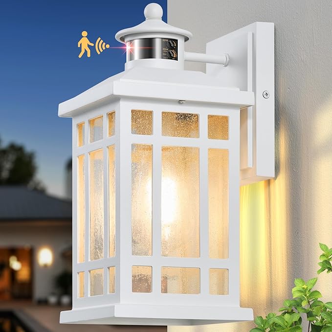 White Dusk to Dawn Outdoor Lighting, Modern Exterior Lighting Fixtures with Motion Sensor 4 Modes, Patio Lights Outside Waterproof for House, Garden, Front Porch, Brightness Distance Adjustable