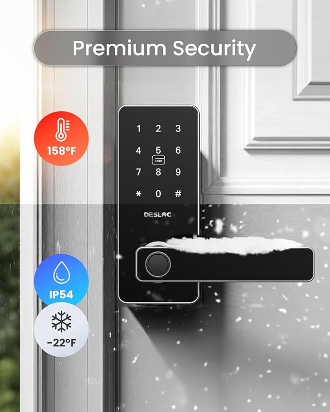 DESLOC B200L Fingerprint Smart Lock with Handle, Keyless Entry Door Locks, App Control, Touchscreen Keypad, 100 PIN Codes, Auto-Lock, 12-Month Battery, Emergency Power Port, IP54 Silver