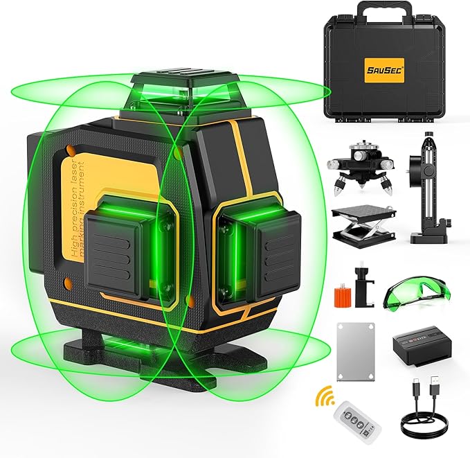 Laser Level 360 Self Leveling, SAVSEC Rechargeable (Up to 37H) 4D Lazer Leveler Tool Kit, 16 Lines Green Leveler Tool Rechargeable/Stepless Dimming/Remote Control/Switchable for Home & Outdoor