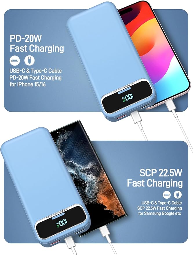 Portable Charger Power Bank with Built in Cables and AC Wall Plug,PD20W&SCP22.5W USB-C Super Fast Charging,20000mAh Travel Phone Charging,LED Display Battery Pack Compatible All iPhone Samsung etc