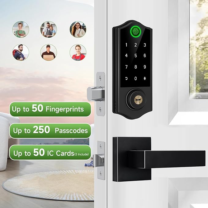 Harfo Fingerprint Smart Door Locks with Handles, App Control, Keyless Entry Front Door Lock Set, Bluetooth Digital Electronic Touchscreen Keypad Deadbolt, Easy Installation, Black