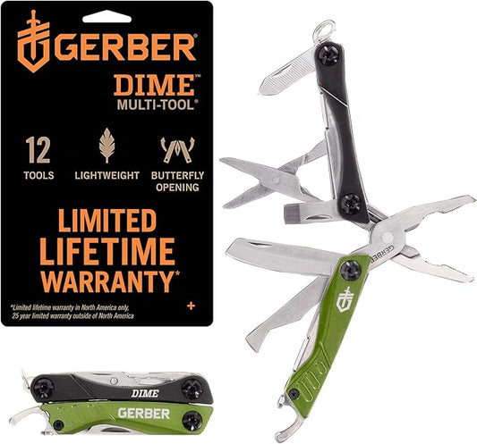 Gerber Gear Dime 12-in-1 Mini EDC Multitool - Needle Nose Pliers, Pocket Knife, Keychain, Bottle Opener - EDC Gear and Equipment - Green