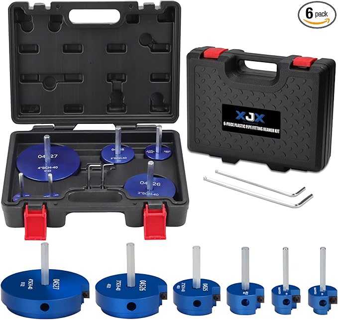 XJX 6-Piece PVC Pipe Reamer Kit, 3/4”, 1”, 1-1/2”, 2”, 3”, 4” Head PVC Fitting Socket Saver with PPR75, PPR100, PPR150, PPR200, PPR300 and PPR400 fit into standard 1/2" drills
