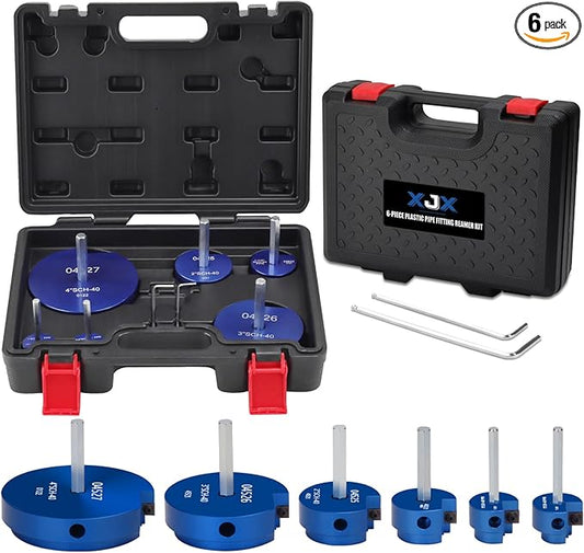 XJX 6-Piece PVC Pipe Reamer Kit, 3/4”, 1”, 1-1/2”, 2”, 3”, 4” Head PVC Fitting Socket Saver with PPR75, PPR100, PPR150, PPR200, PPR300 and PPR400 fit into standard 1/2" drills