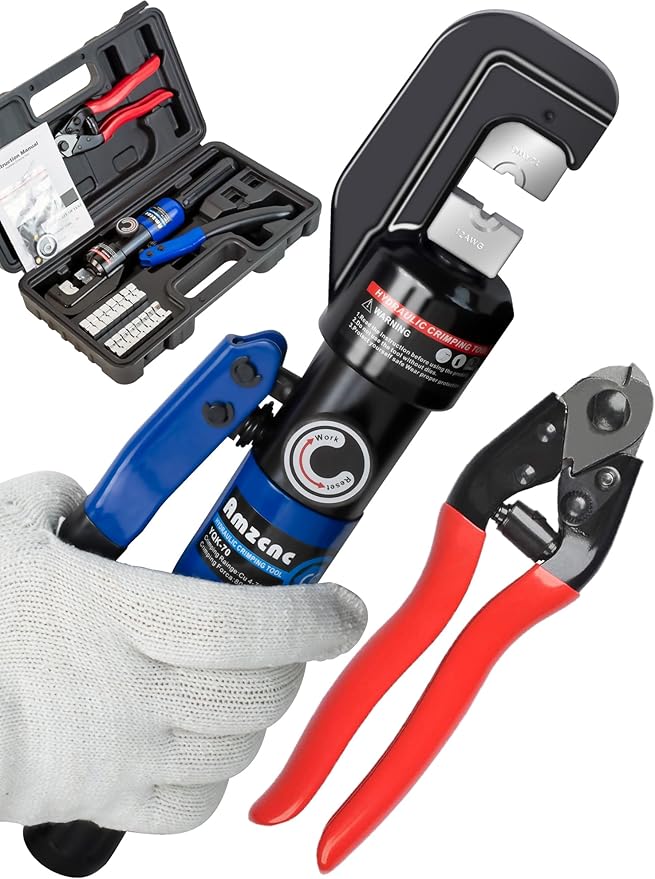AMZCNC Hydraulic Hand Crimper Tool for Stainless Steel Cable Railing Fittings for 1/16" 1/8" 3/16" Cable –Wire Swaging Tool 8 Ton and Stainless Steel Cable Cutter,1/8” Wire Rope Crimping Tool