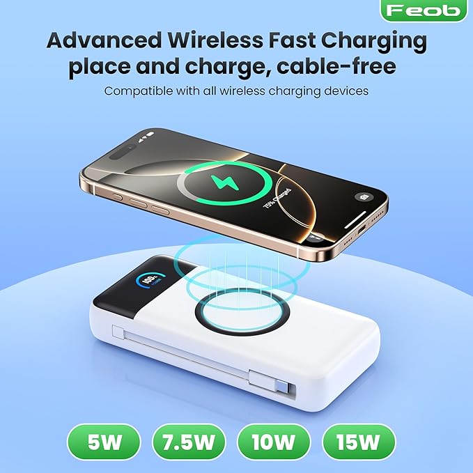 Wireless Portable Charger 40800mAh with Built-in Cables, 15W Wireless Charging USB C Power Bank, 25W PD QC 4.0 5 Outputs TFT LCD Display Battery Pack for iPhone 16/15/14/13/12, Samsung, Android etc