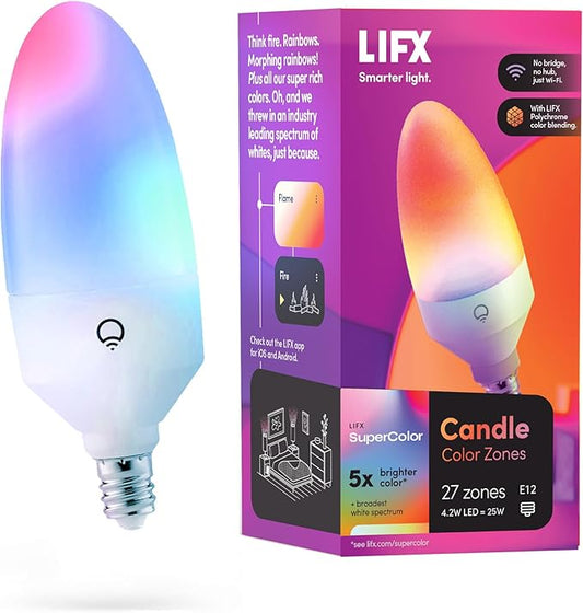 LIFX Candle Color, E12 Polychrome Technology™, Wi-Fi Smart LED Multicolors Light Bulb, 27 addressable Zones per Candle, No Bridge Required, Works with Alexa, Hey Google, HomeKit and Siri