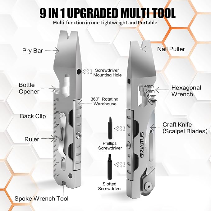 GIRIAITUS Multitool Pry Bar Tool with Multitool Knife, Bottle Opener, Hex Wrench, Screwdriver, Box Cutter Blade, Steel Handle, Everyday Carry, Cycling, Camping