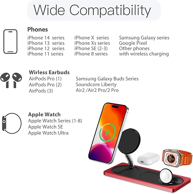 3-in-1 Charging Station for Apple Devices: Used for iPhone and Watch Charging Station with Magsafe Charger Stand, Wireless Charger for iPhone16/15/14/13/12, Apple Watch 1-9/Ultra, AirPods 3 Pro