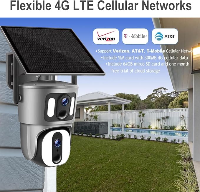 Sky Tower 4MP UHD 4G/5G LTE Cellular Wireless Dual Cameras Solar Panel Waterproof Two-Way Talk Outdoor Surveillance Cameras, Amazon Cloud Storage & Free Data & 64G Micro SD (4MP Digital 20X Zoom)