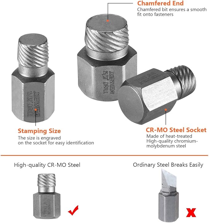 XEWEA 13Pcs Screw Extractor Set Multi-Spline Easy Out Bolt Extractor Kit, Chrome Molybdenum Alloy Steel Hex Head Bolt Remover Tool for Broken Stripped Rusted Bolts Screws Nuts