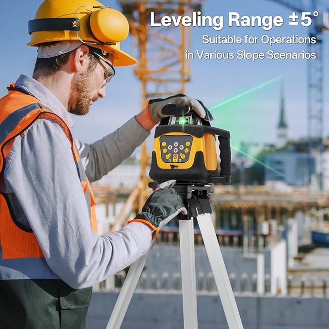 Self-Leveling Green Rotary Laser Level Kit, 2000’ Range, ±0.11"/100ft Accuracy, IP66 Waterproof & Dustproof, Includes Tripod, Grade Rod, Receiver, Detector Holder & Aluminum Carrying Case