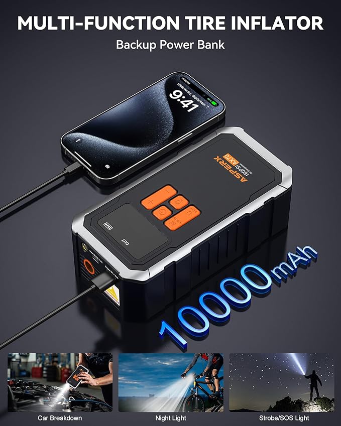 AsperX 160PSI Cordless Tire Inflator Air Compressor – Portable Rechargeable Air Pump with LCD Display, Auto Shut Off, LED Light & Carrying Case | Fast Inflation for Car Tires, Bike, Motorcycle, Balls