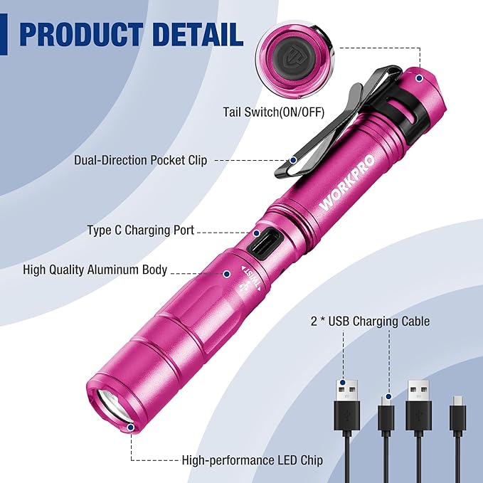 WORKPRO Rechargeable Pen Light, Mini Flashlight, 2 Pack Ultra-Compact EDC Flashlight, Pocket Flashlight with Clip, Memory Function and 2 x USB C Cable Included, Pink