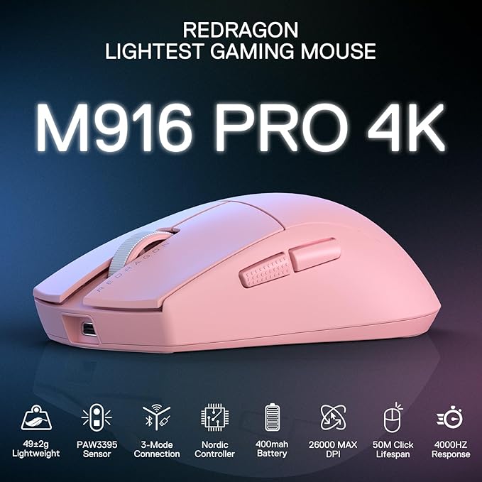 Redragon M916 PRO 3-Mode Wireless Gaming Mouse, Hype-Speed 4K Polling Rate, 49G Ultra-Light 26K DPI Gamer Mouse w/Ergonomic Natural Grip Build, Redefinable Macro Buttons, Software Supported