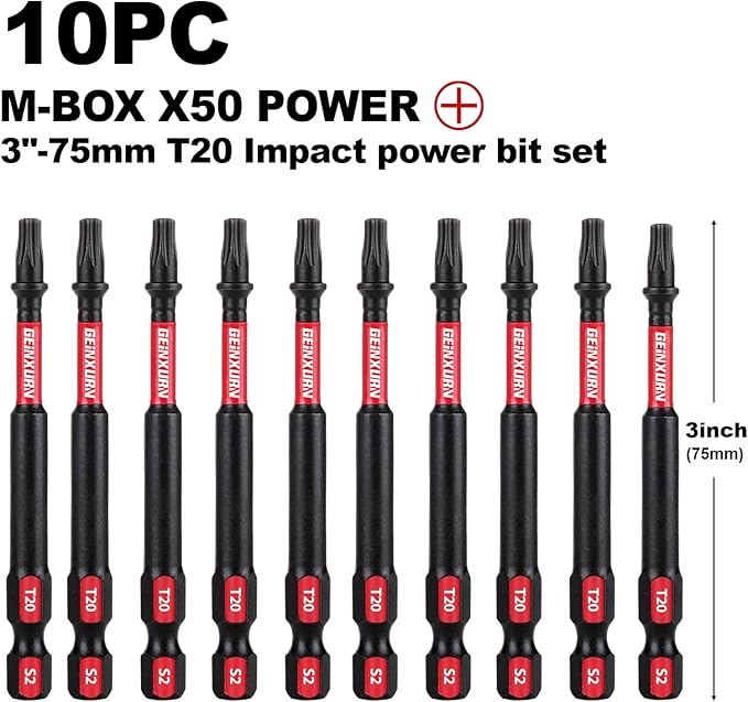 10Pieces 3 In. T20 Impact Tough Magnetic Screwdriver Bit Set, #20 Torx Head Power Bits, S2 Alloy Steel Star Bits with Storage M-Box