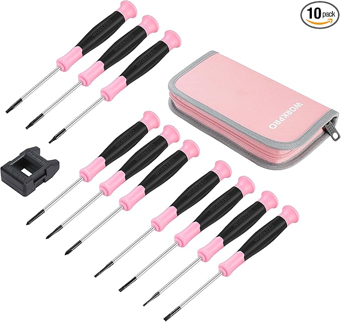 WORKPRO 10-Piece Precision Screwdriver Set with Pink Pouch, Phillips, Slotted, Torx Star, Magnetic Tip Small Screwdriver Repair Kit, for Eyeglass, Watch, Computer, Laptop and Phone - Pink Ribbon