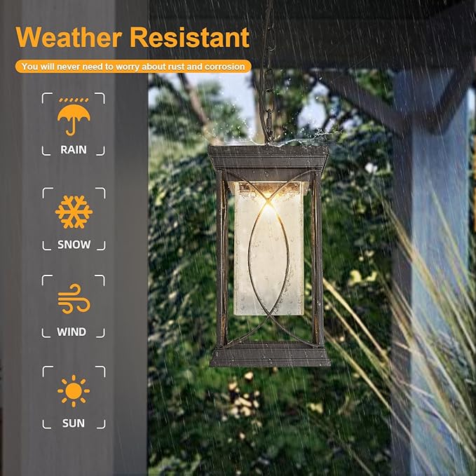 Motion Outdoor Pendant Light Fixtures Dusk to Dawn Exterior Ceiling Hanging Lantern for Porch, Modern Black Outside Chandelier Light with Crack Glass for Front Door Porch Gazebo Foyer Entryway