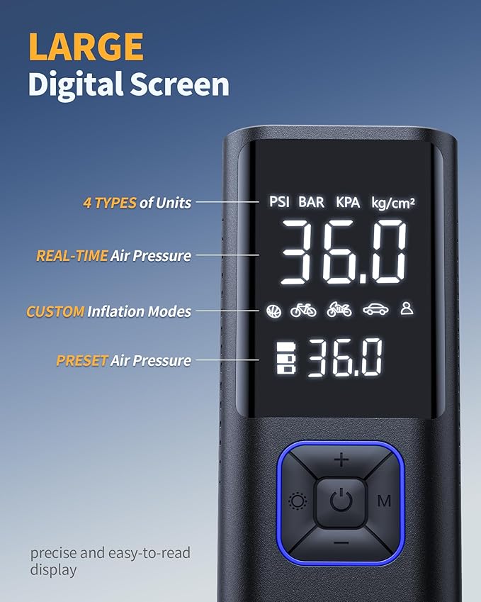 Cordless Tire Inflator Portable Air Compressor - 150PSI Air Pump with Auto Shutoff Function for Car Tires, Inflatables, Motorcycle, Balls, Compact Bike Tire Pump with LED Light, Blue, Large