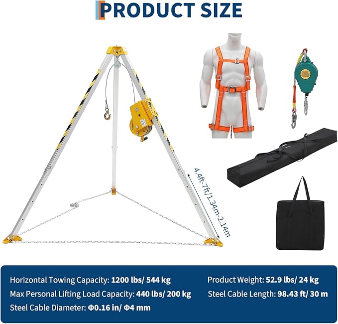 Confined Space Tripod Kit, 1200 Lbs Winch, 7' Legs & 98' Cable, Steel Confined Space Rescue Tripod with 33' Fall Protection, Harness, Storage Bag for Traditional Confined Spaces Safety