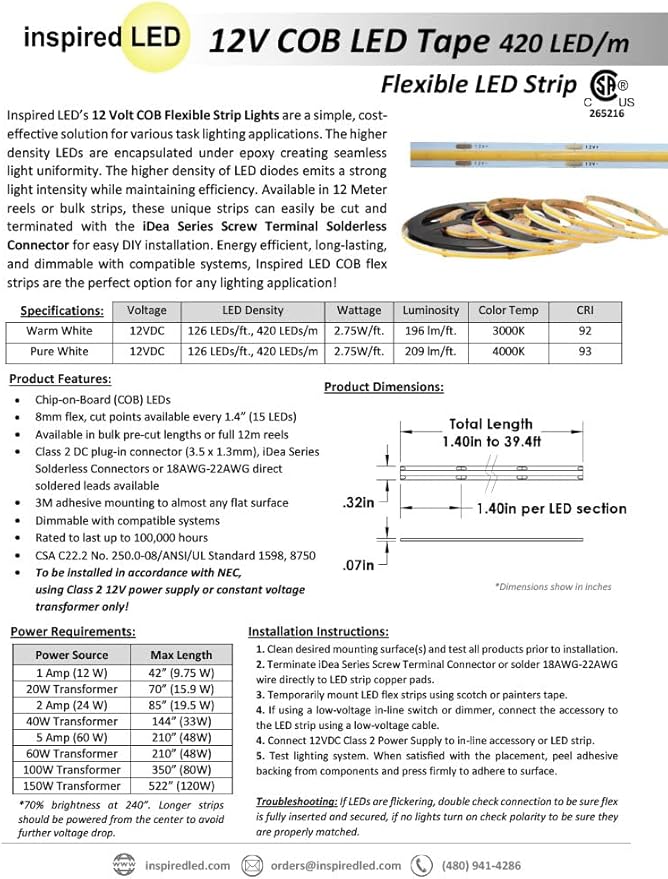 Inspired LED COB LED Strip Lights Pure White 4000K, 19.6ft Premium High Density 12V Tape Light, 2880 LEDs, 320+ LM/ft, CRI 90+, UL Listed (Power Supply Not Included) (12V Pure White)