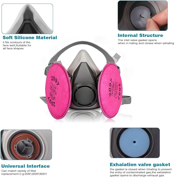 Half Facepiece Reusable Respirator， with 2097 filters Against Dust, Particle, Pollen, Lead Paint & Asbestos,Widely Used in Painting, Cement plant，Decorating Carpentry, Welding, Metal Cutting